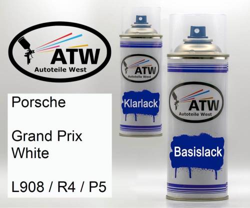 Porsche, Grand Prix White, L908 / R4 / P5: 400ml Sprühdose + 400ml Klarlack - Set, von ATW Autoteile West.